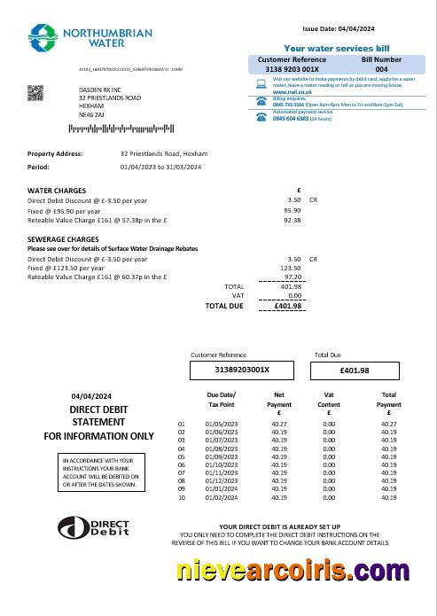 United Kingdom Northumbrian Water business utility bill, version 2